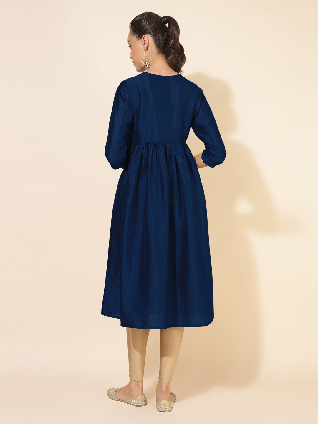 Janasya Dark Silk Blend Yoke Embroidery A-Line Kurta | Grocsy