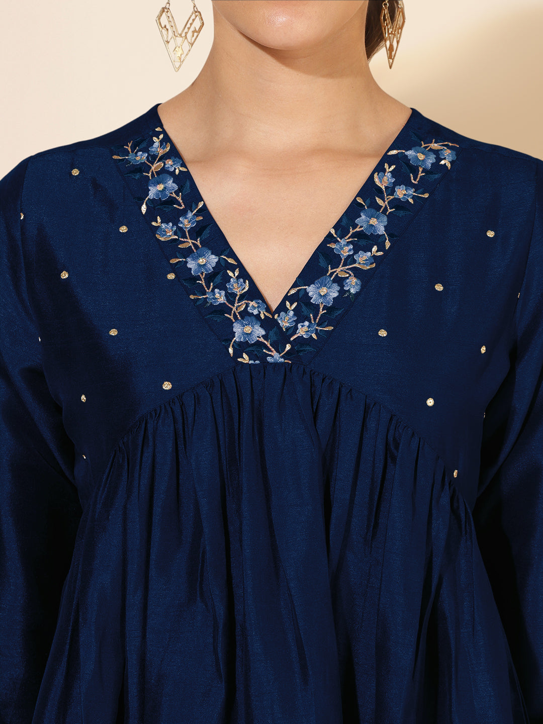 Janasya Dark Silk Blend Yoke Embroidery A-Line Kurta | Grocsy