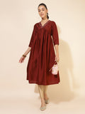 Janasya Dark Silk Blend Yoke Embroidery A-Line Kurta | Grocsy
