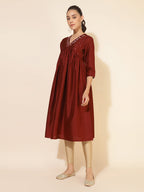 Janasya Dark Silk Blend Yoke Embroidery A-Line Kurta | Grocsy