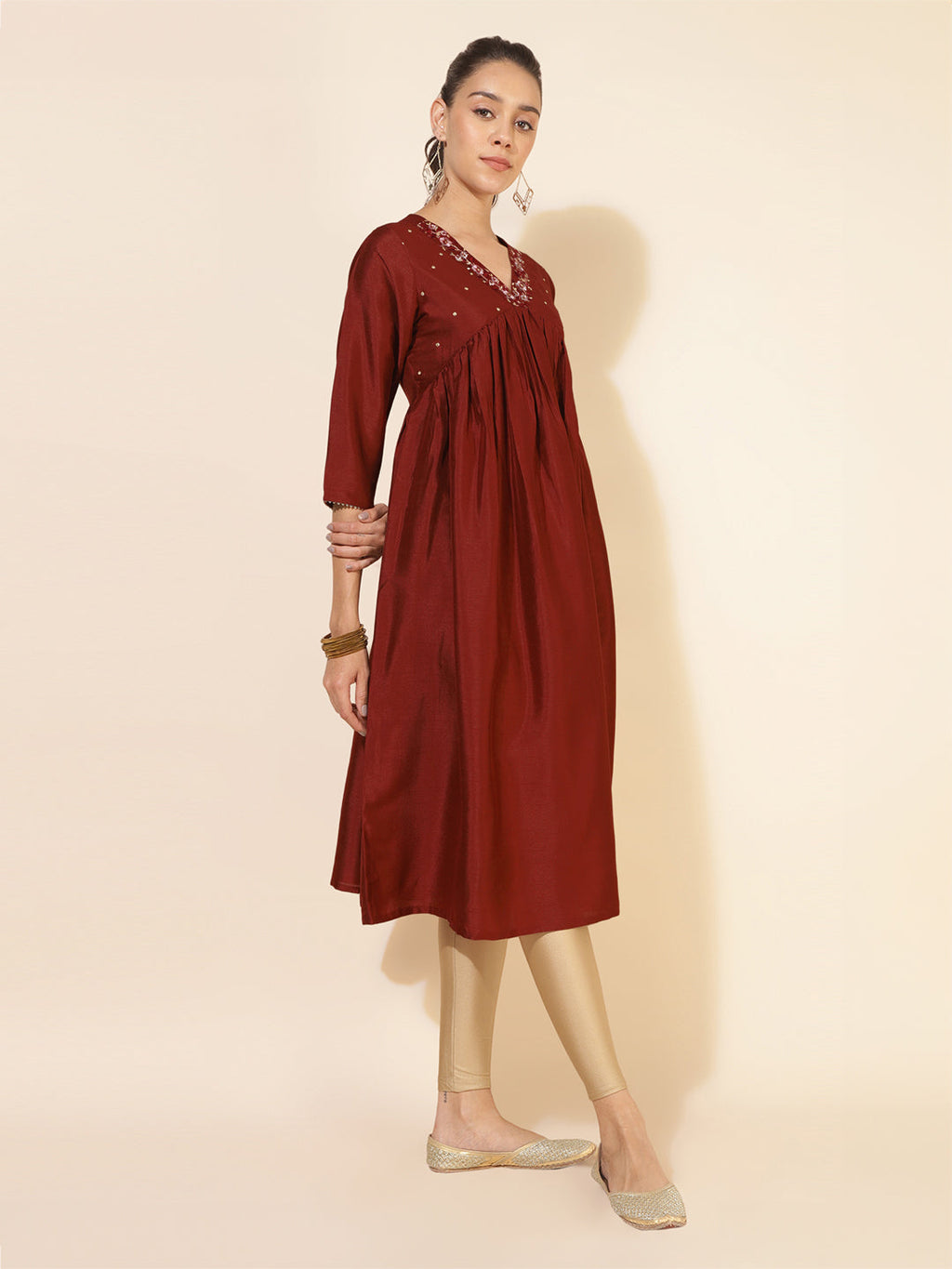 Janasya Dark Silk Blend Yoke Embroidery A-Line Kurta | Grocsy