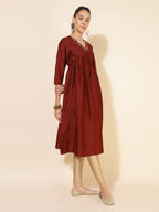 Janasya Dark Silk Blend Yoke Embroidery A-Line Kurta | Grocsy