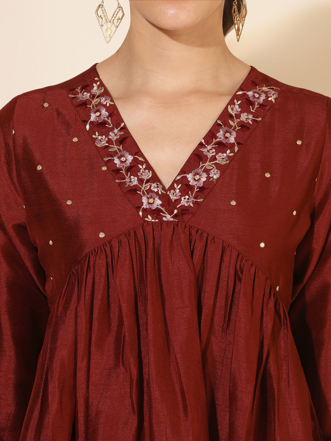 Janasya Dark Silk Blend Yoke Embroidery A-Line Kurta | Grocsy