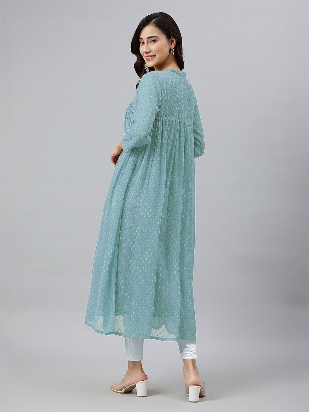 Janasya Light Dobby Chiffon Self Design Flared Kurta | Grocsy