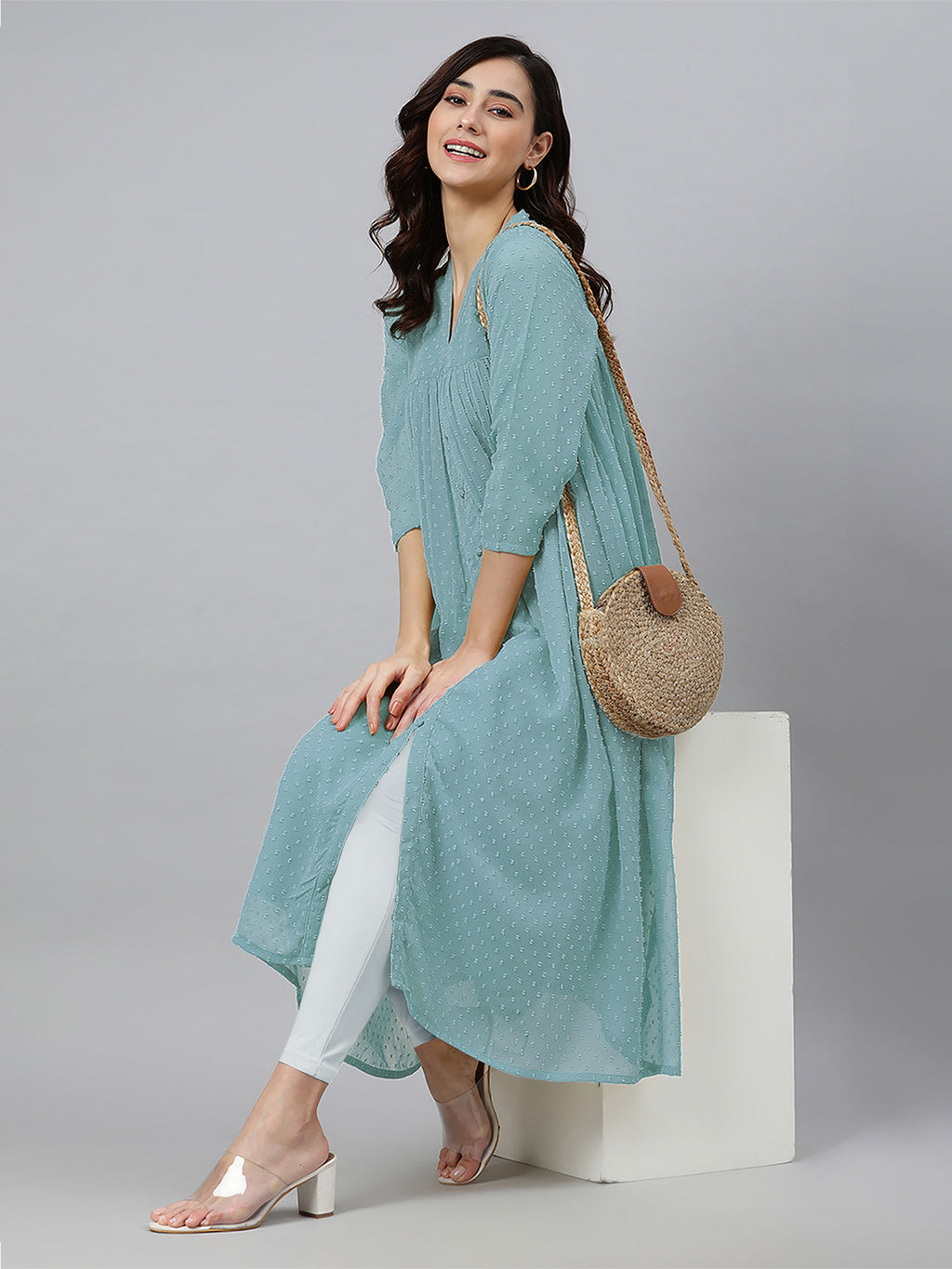 Janasya Light Dobby Chiffon Self Design Flared Kurta | Grocsy