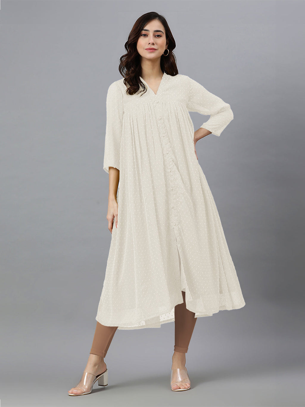 Janasya Light Dobby Chiffon Self Design Flared Kurta | Grocsy