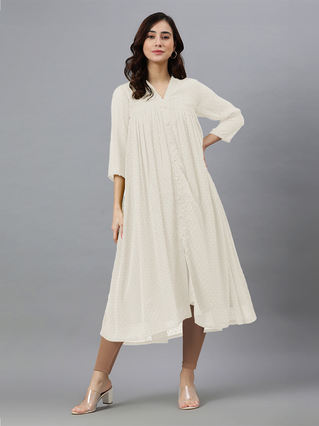 Janasya Light Dobby Chiffon Self Design Flared Kurta | Grocsy