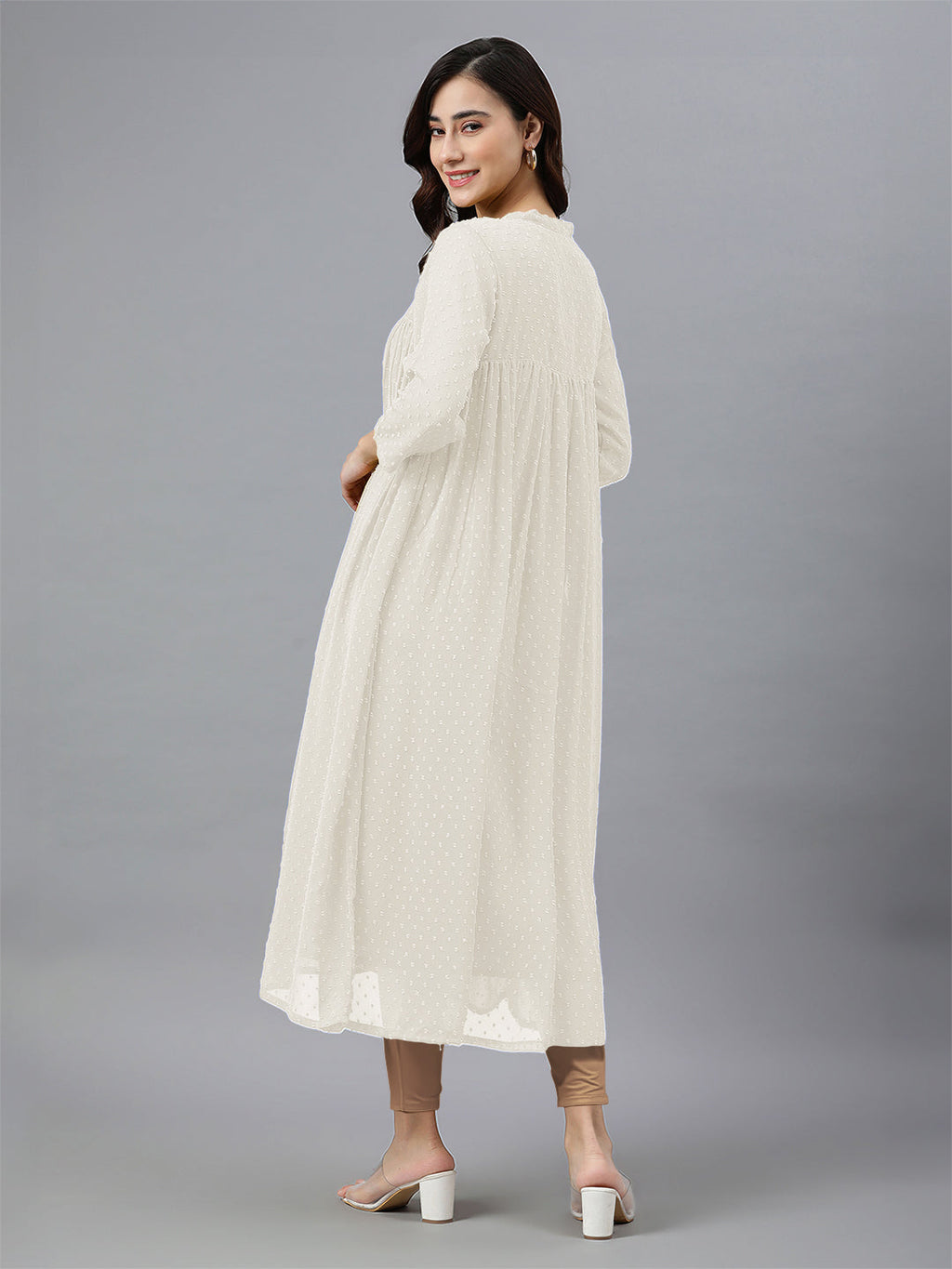 Janasya Light Dobby Chiffon Self Design Flared Kurta | Grocsy