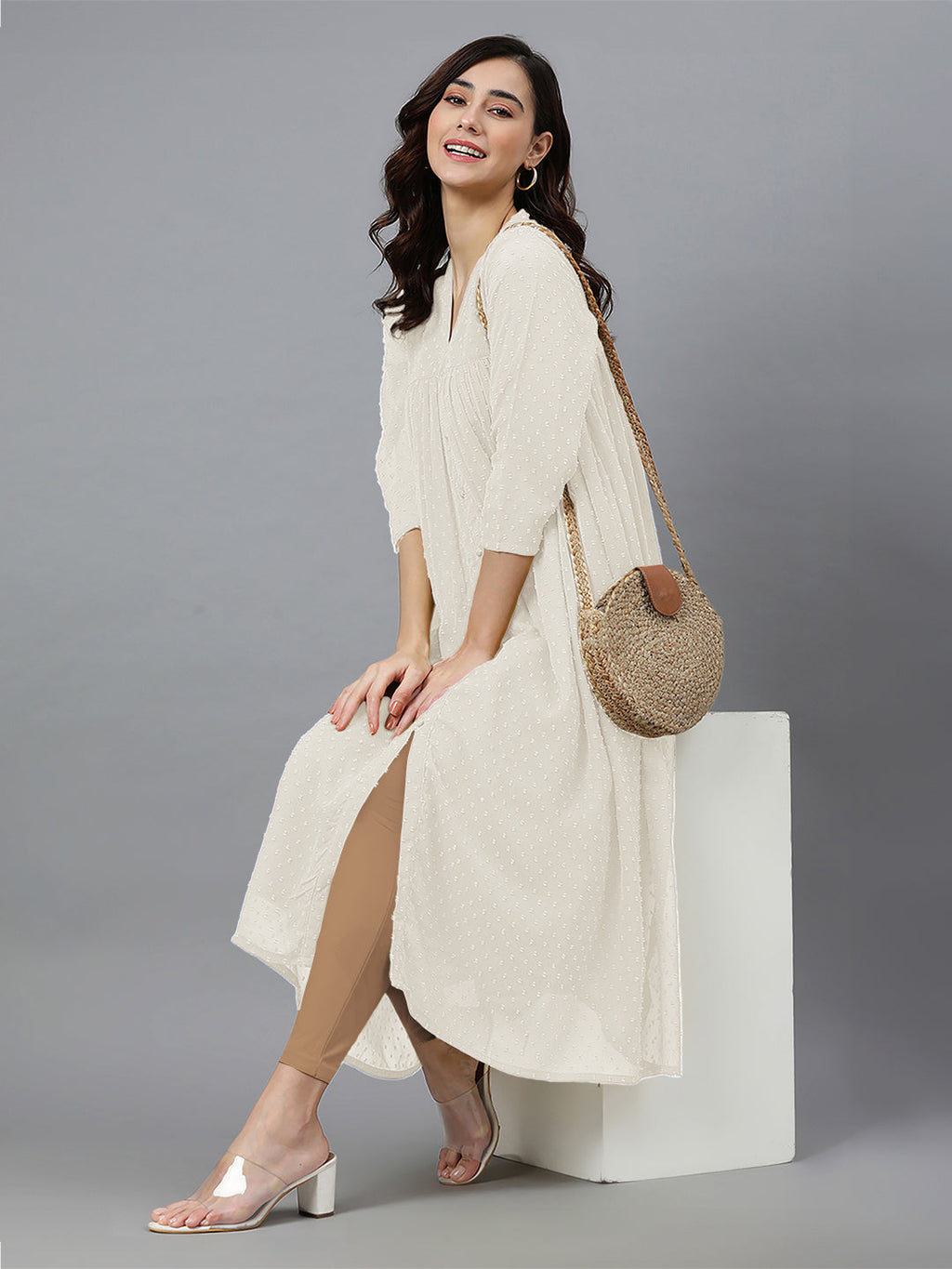 Janasya Light Dobby Chiffon Self Design Flared Kurta | Grocsy