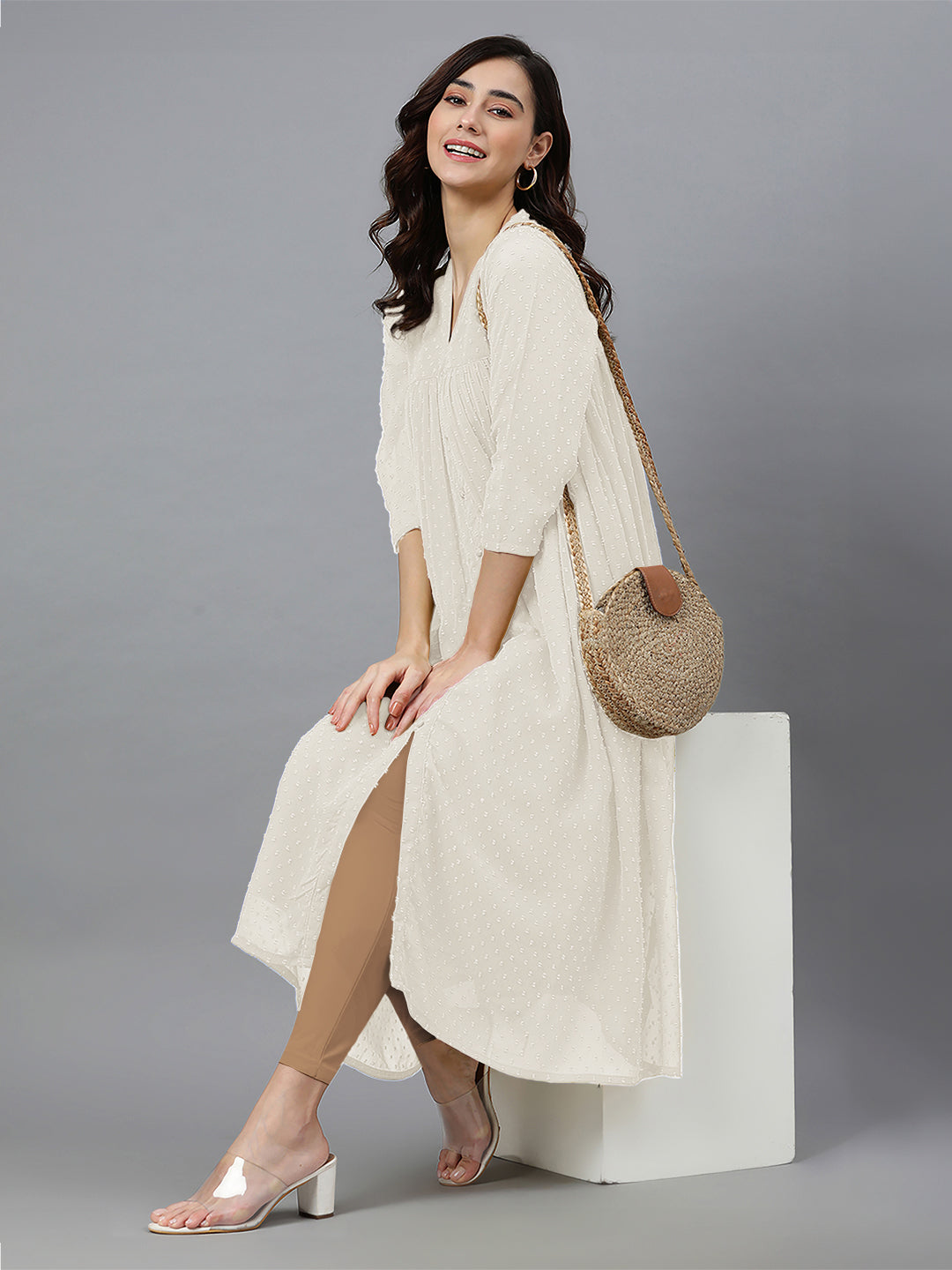 Janasya Light Dobby Chiffon Self Design Flared Kurta | Grocsy