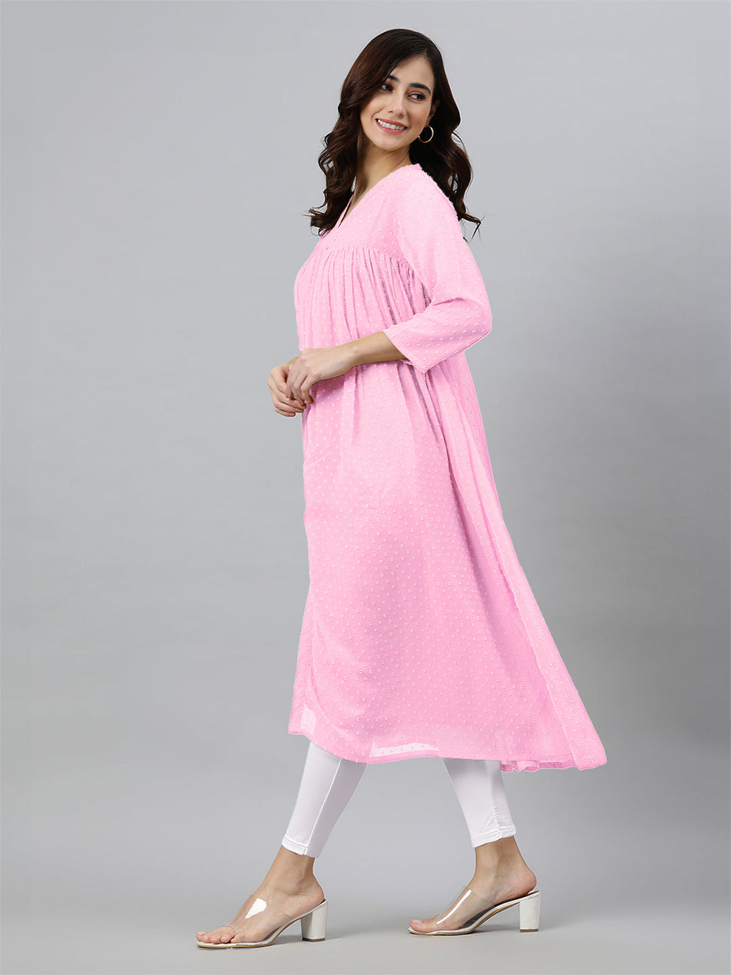 Janasya Light Dobby Chiffon Self Design Flared Kurta | Grocsy