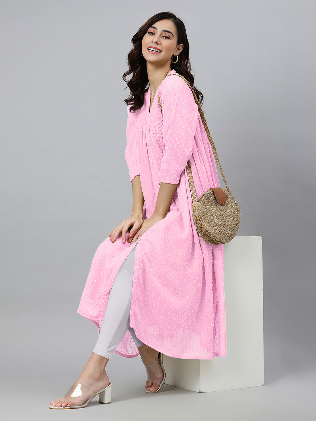 Janasya Light Dobby Chiffon Self Design Flared Kurta | Grocsy