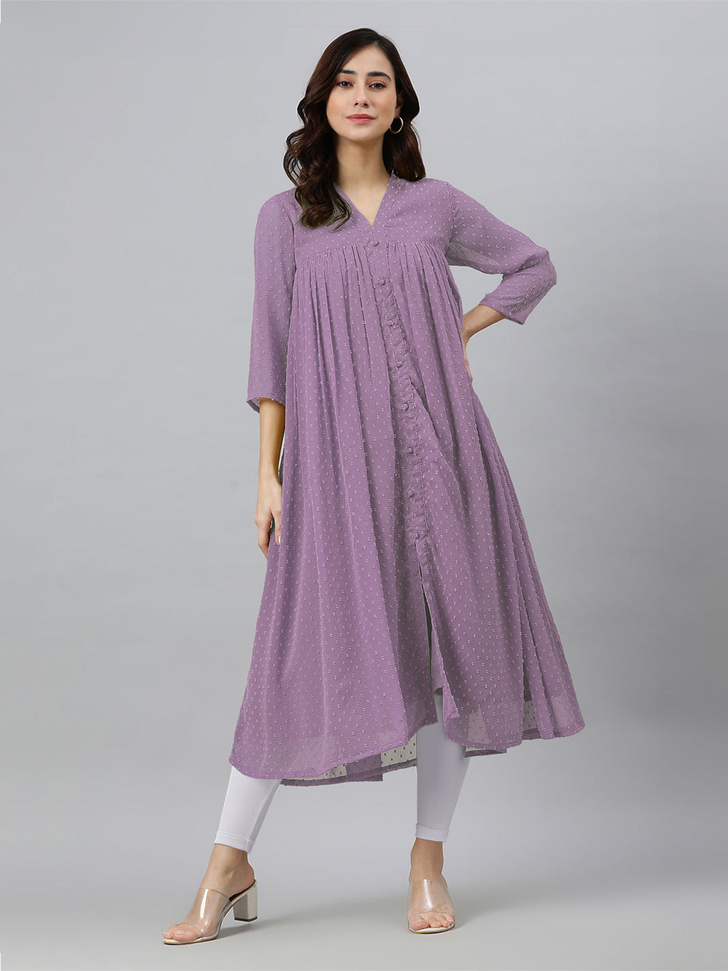 Janasya Light Dobby Chiffon Solid Flared Kurta | Grocsy