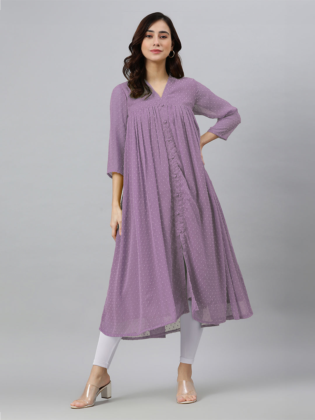 Janasya Light Dobby Chiffon Solid Flared Kurta | Grocsy