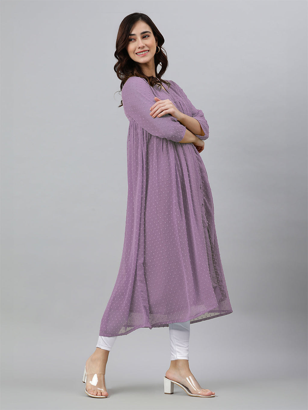 Janasya Light Dobby Chiffon Solid Flared Kurta | Grocsy