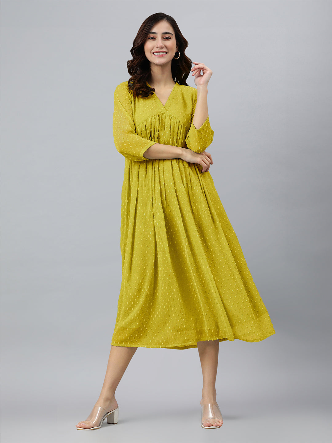 Janasya Bright Dobby Chiffon Self Design Flared Kurta | Grocsy