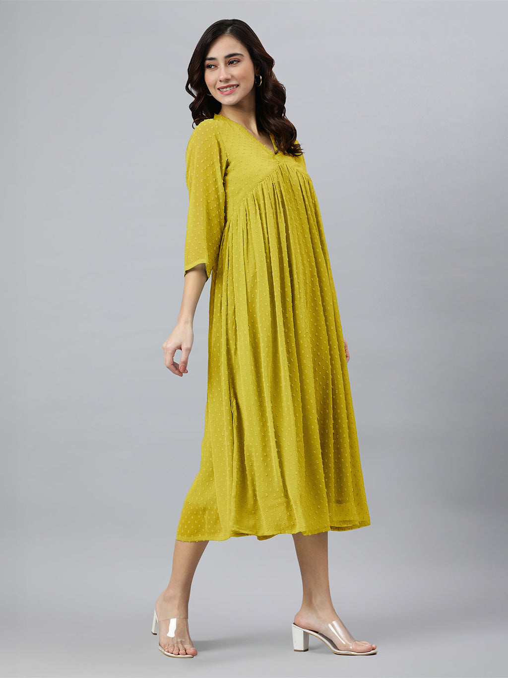 Janasya Bright Dobby Chiffon Self Design Flared Kurta | Grocsy