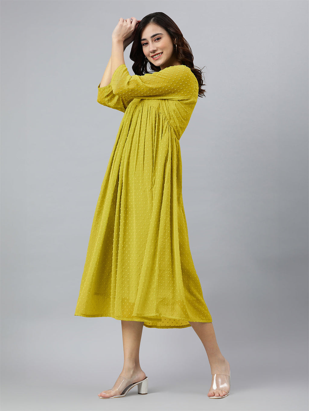 Janasya Bright Dobby Chiffon Self Design Flared Kurta | Grocsy
