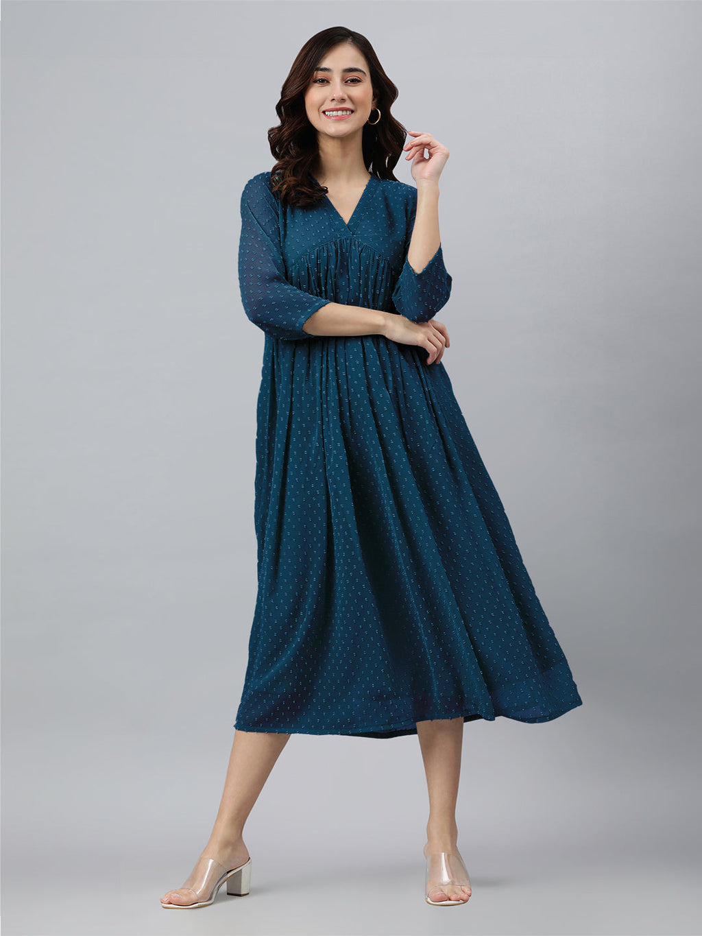 Janasya Bright Dobby Chiffon Self Design Flared Kurta | Grocsy
