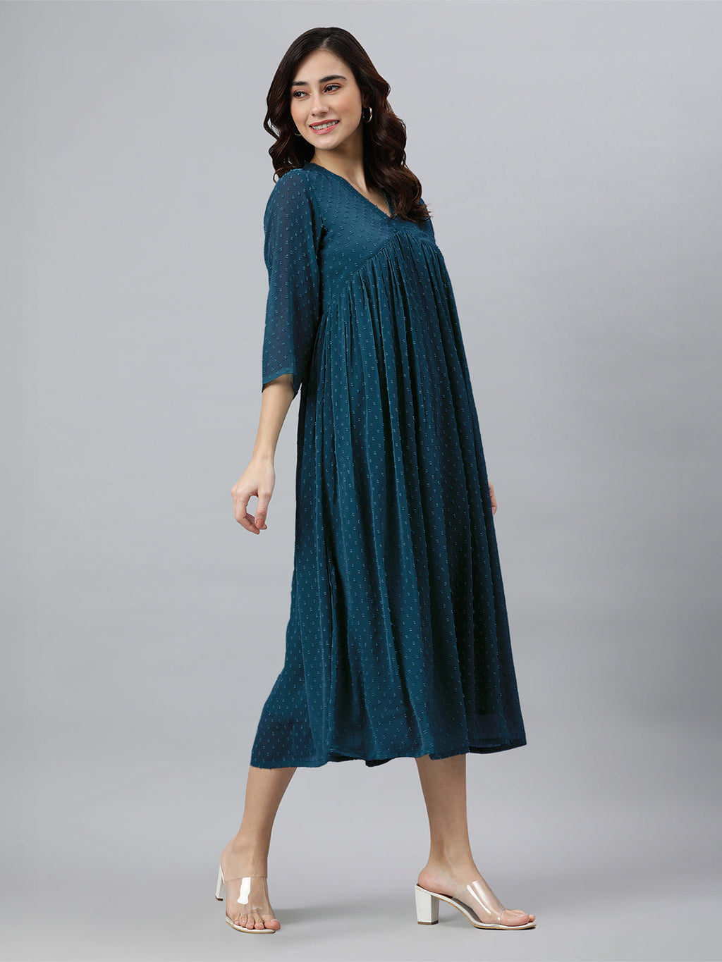 Janasya Bright Dobby Chiffon Self Design Flared Kurta | Grocsy