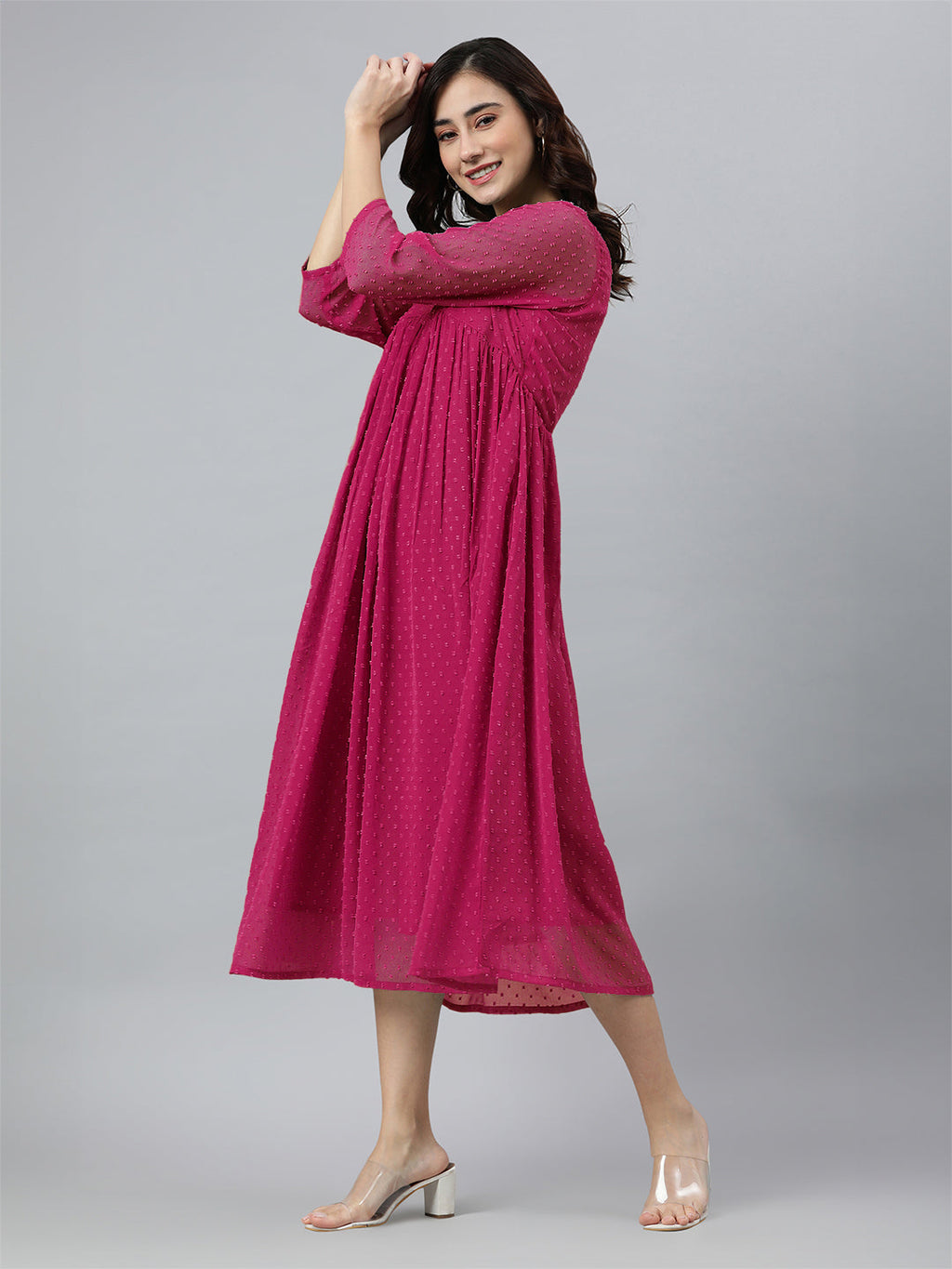 Janasya Bright Dobby Chiffon Self Design Flared Kurta | Grocsy