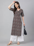Janasya Dark Cotton Geometric Straight Kurta | Grocsy