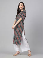 Janasya Dark Cotton Geometric Straight Kurta | Grocsy