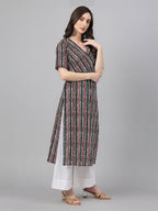 Janasya Dark Cotton Geometric Straight Kurta | Grocsy