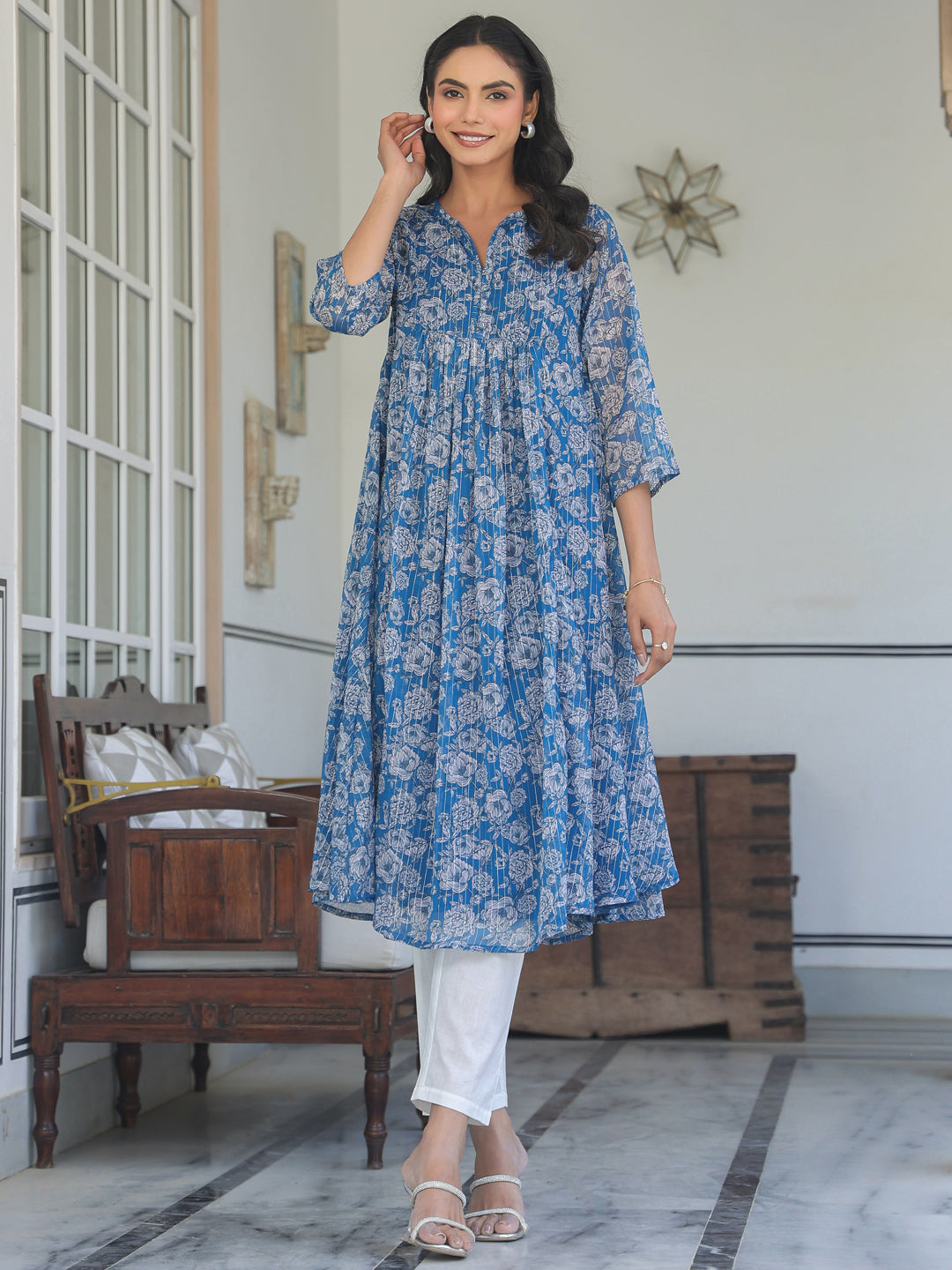 Janasya Dark Chiffon Floral A-Line Kurta | Grocsy