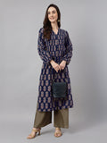 Janasya Dark Cotton Floral A-Line Kurta | Grocsy