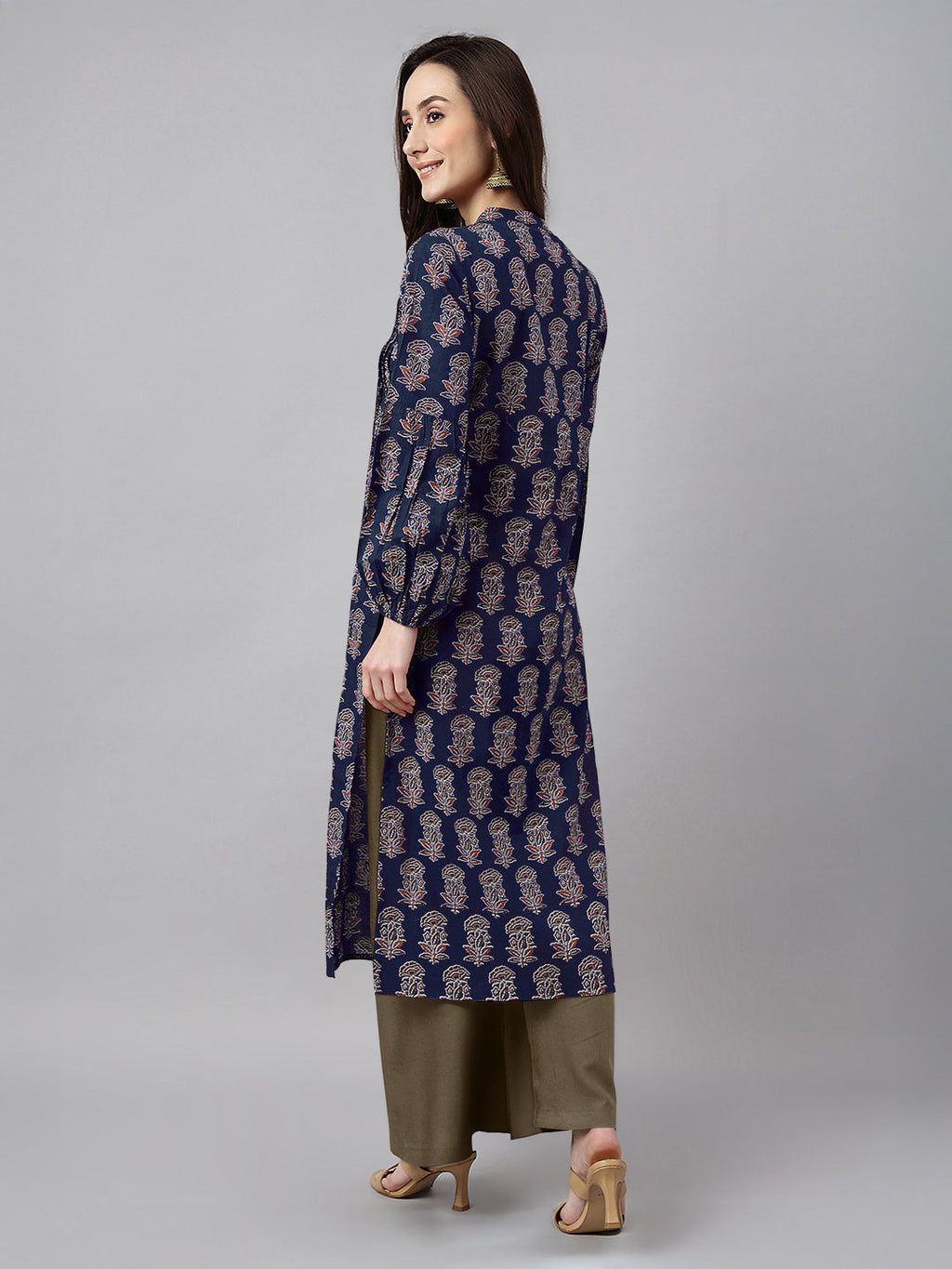 Janasya Dark Cotton Floral A-Line Kurta | Grocsy