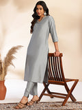 Janasya Grey Crepe Silk Solid Regular Kurta Set | Grocsy