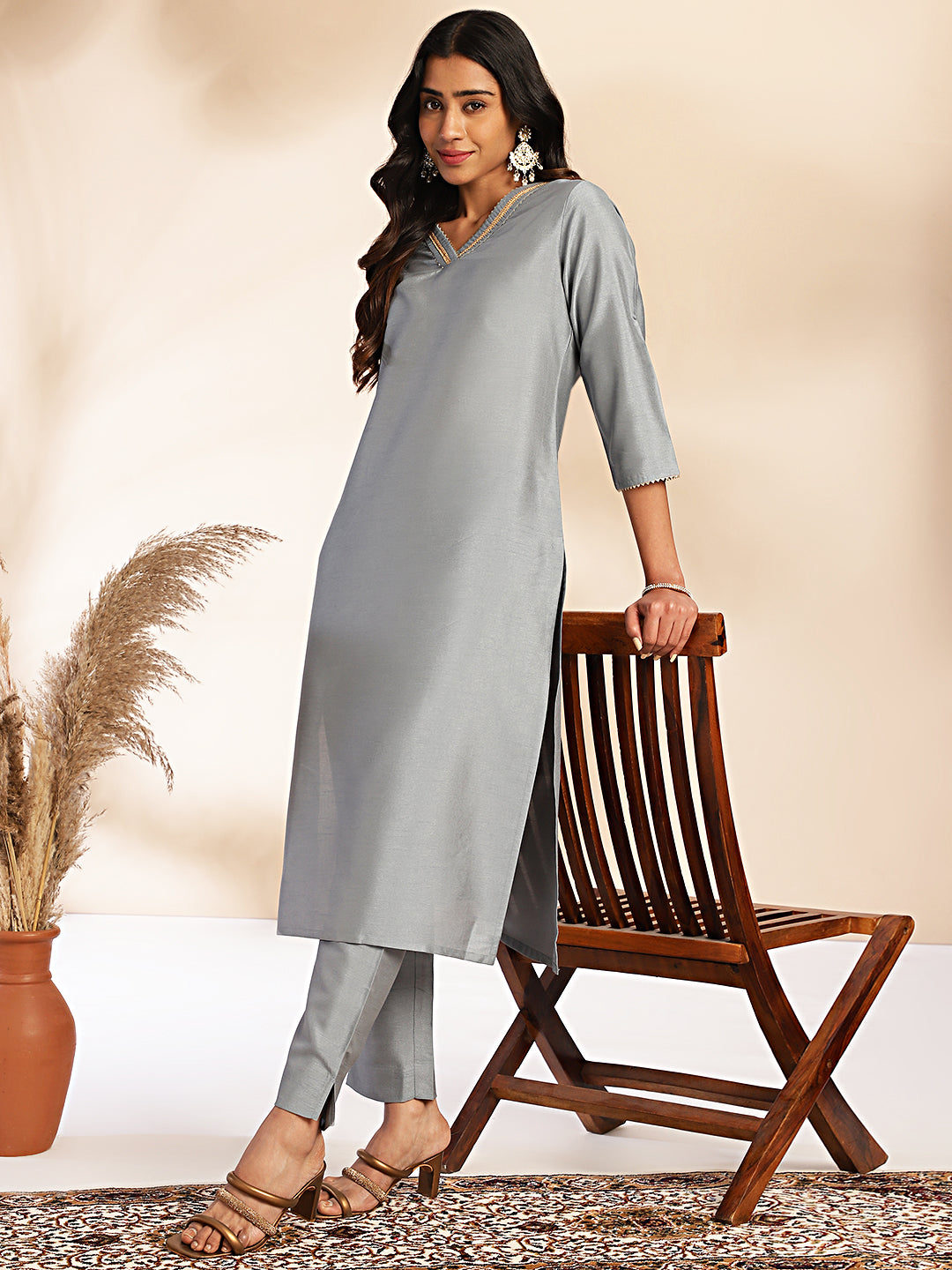 Janasya Grey Crepe Silk Solid Regular Kurta Set | Grocsy