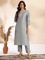 Janasya Grey Crepe Silk Solid Regular Kurta Set | Grocsy
