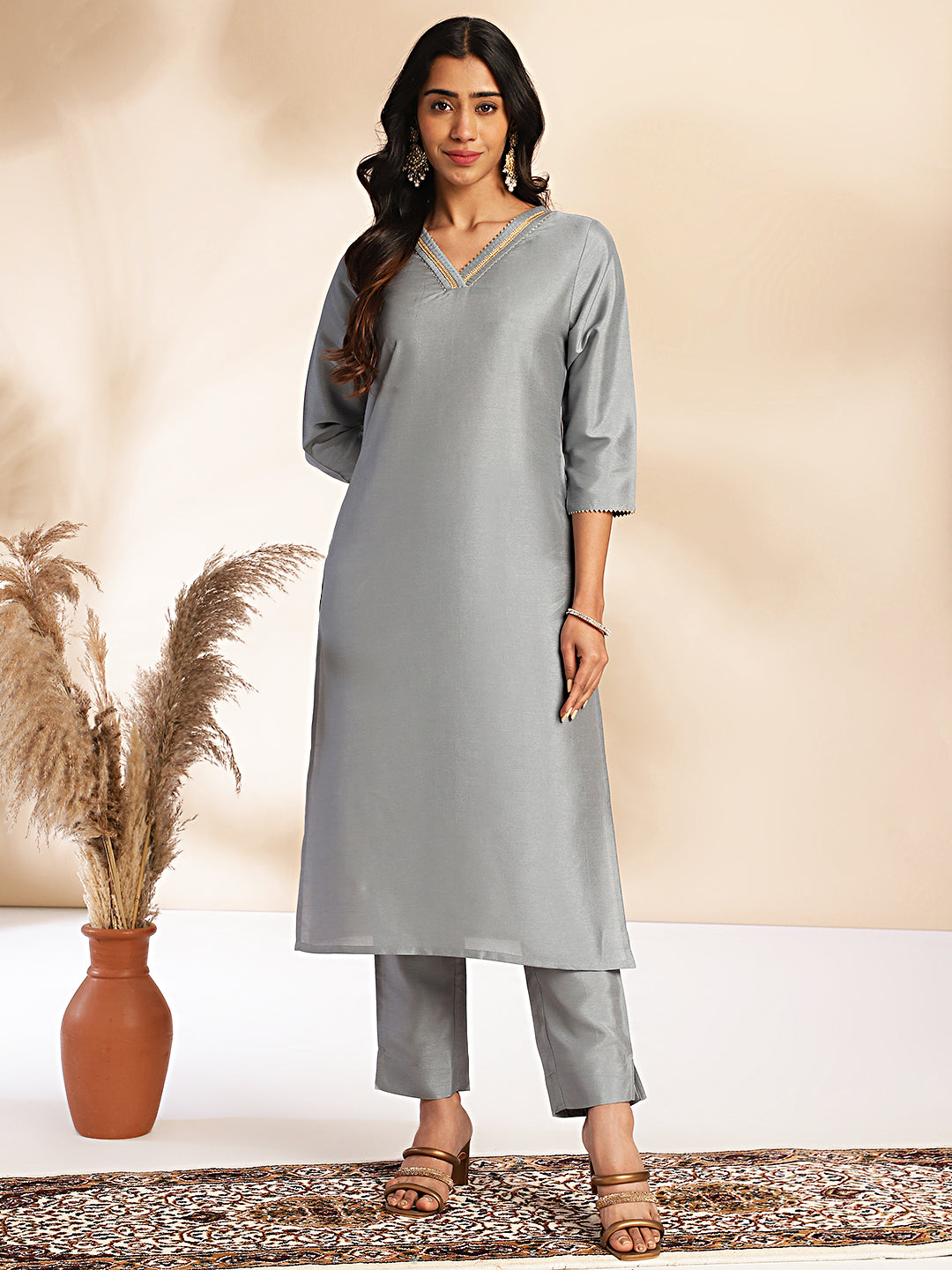 Janasya Grey Crepe Silk Solid Regular Kurta Set | Grocsy