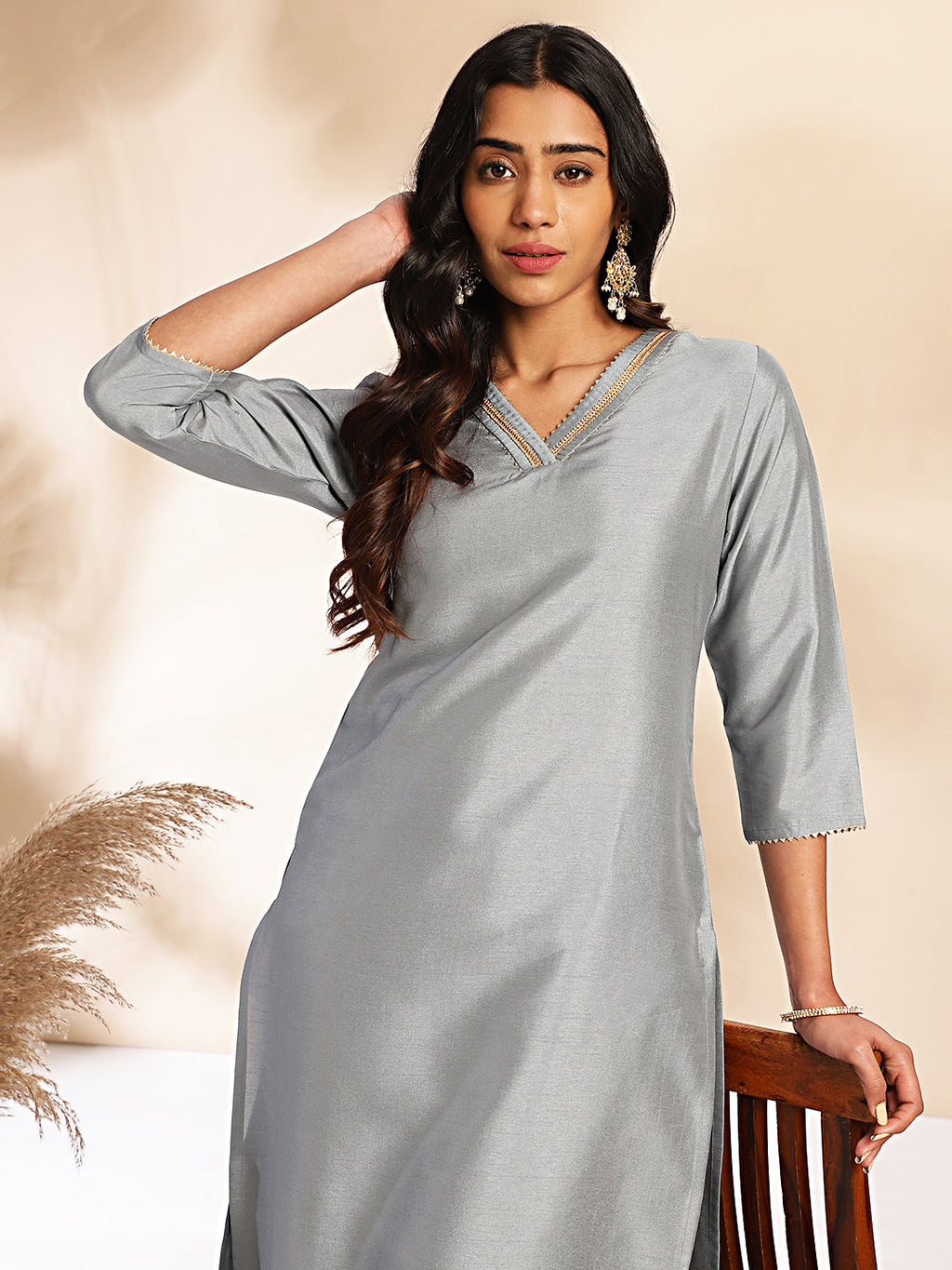 Janasya Grey Crepe Silk Solid Regular Kurta Set | Grocsy