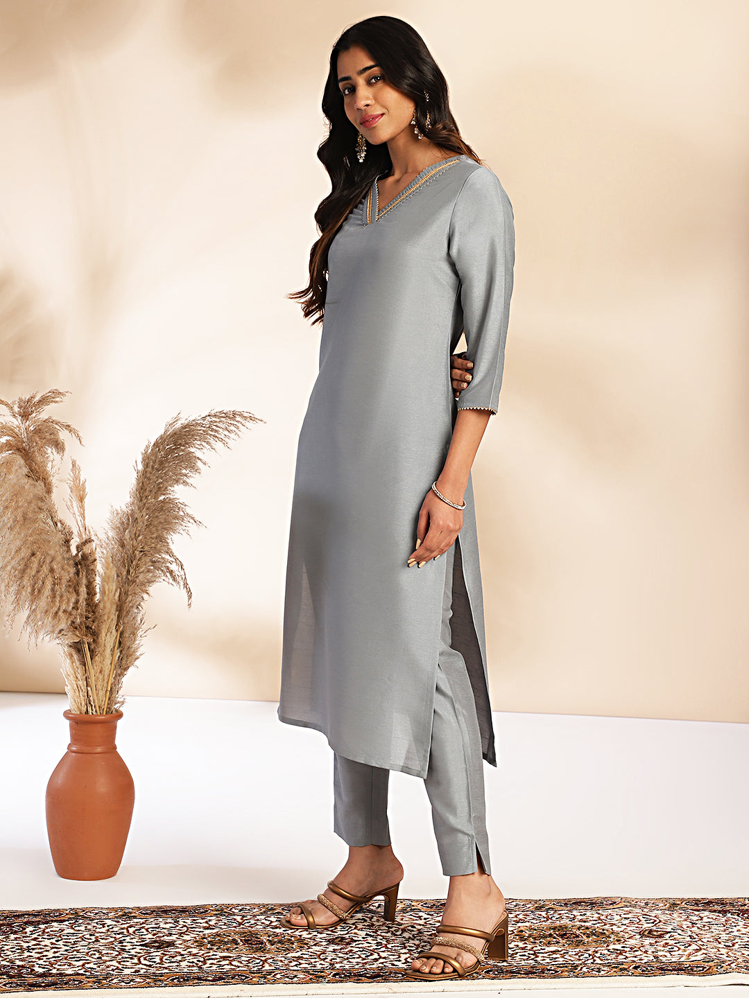 Janasya Grey Crepe Silk Solid Regular Kurta Set | Grocsy