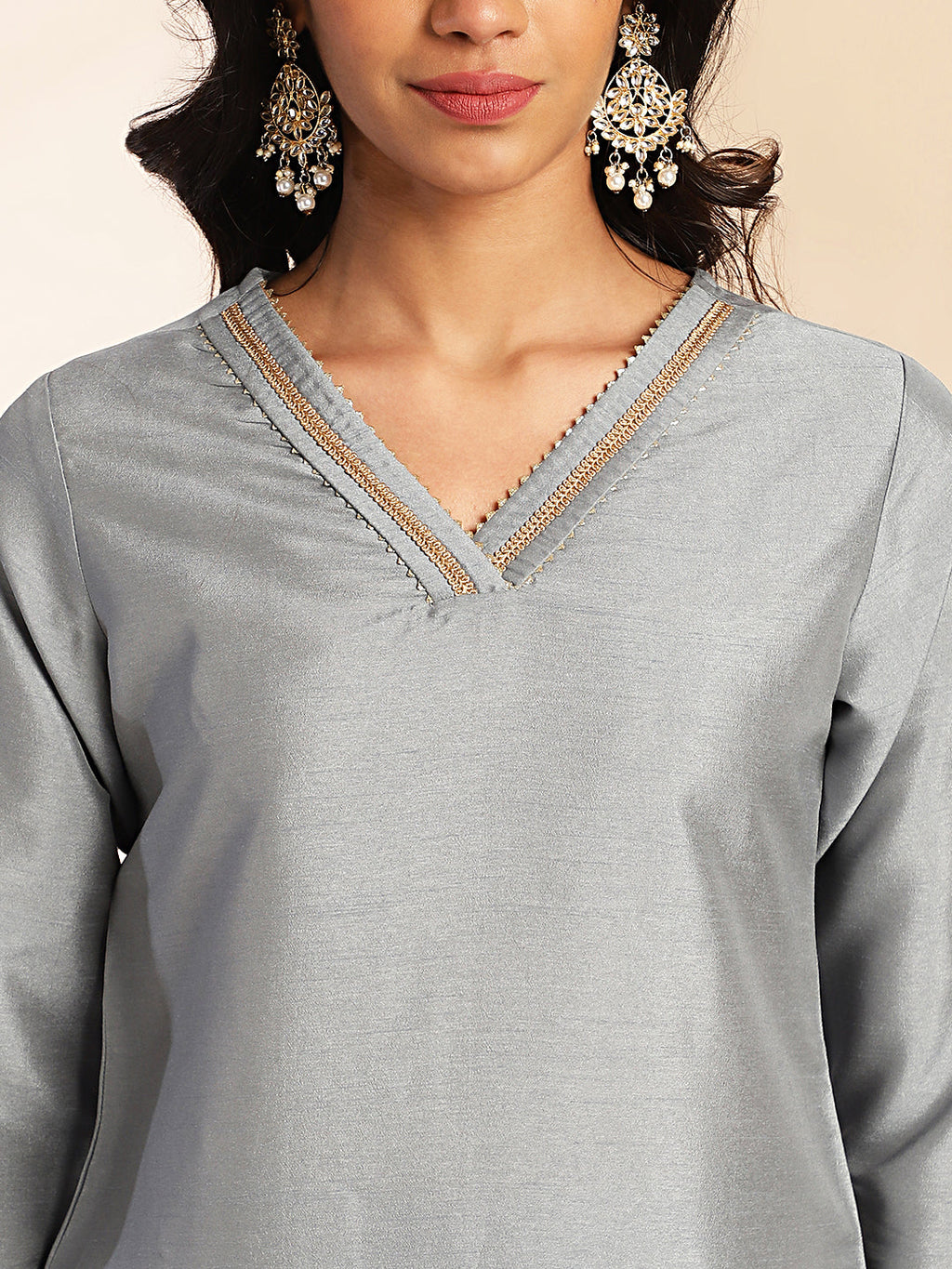 Janasya Grey Crepe Silk Solid Regular Kurta Set | Grocsy