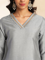 Janasya Grey Crepe Silk Solid Regular Kurta Set | Grocsy