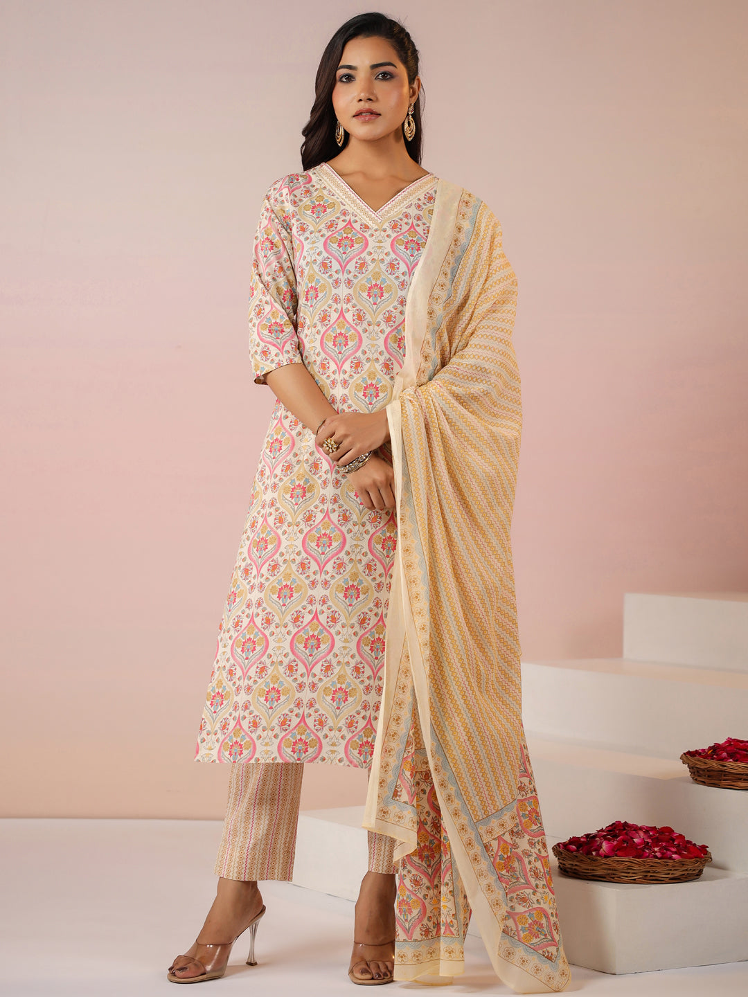 Janasya Beige Cambric Ethnic Motifs Kurta,Bottom & Dupatta | Grocsy