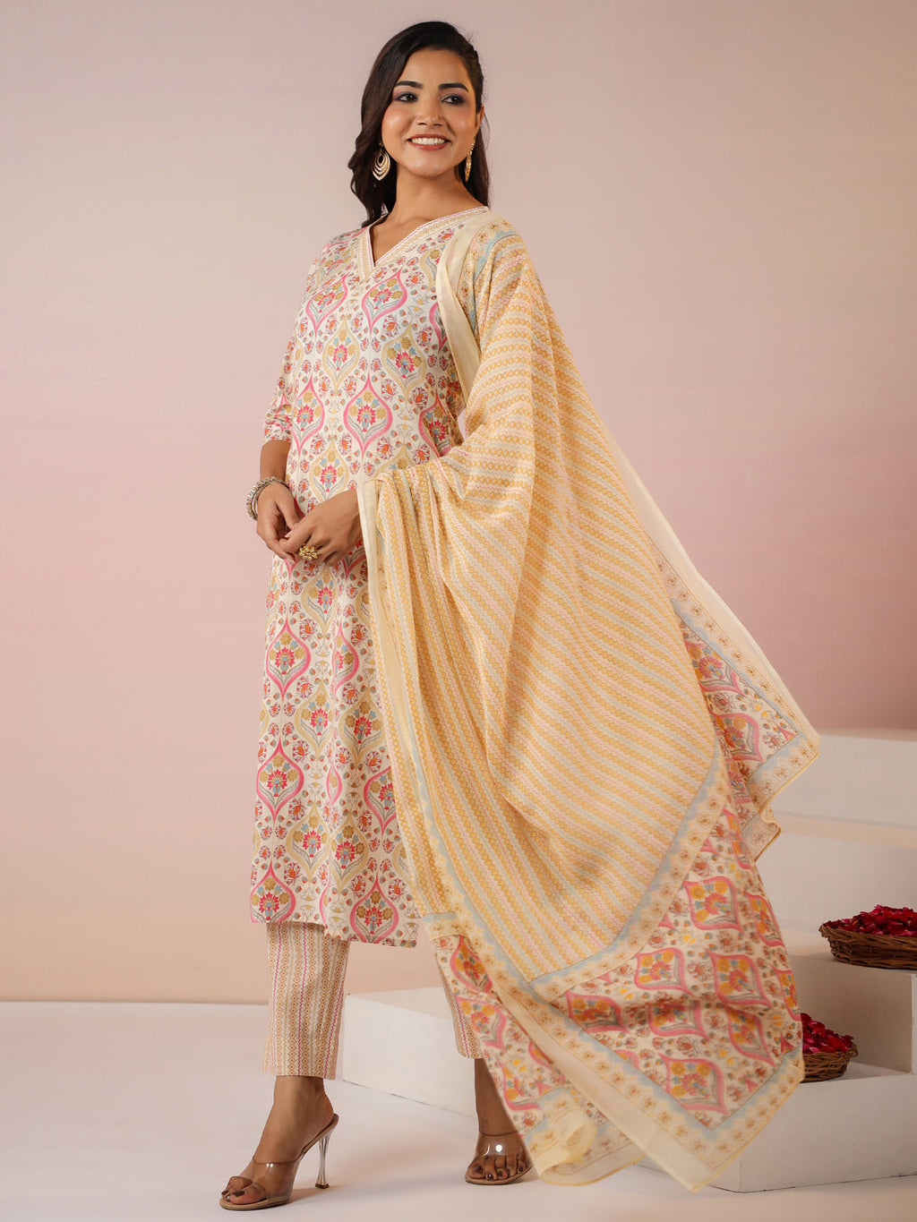 Janasya Beige Cambric Ethnic Motifs Kurta,Bottom & Dupatta | Grocsy
