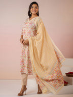 Janasya Beige Cambric Ethnic Motifs Kurta,Bottom & Dupatta | Grocsy