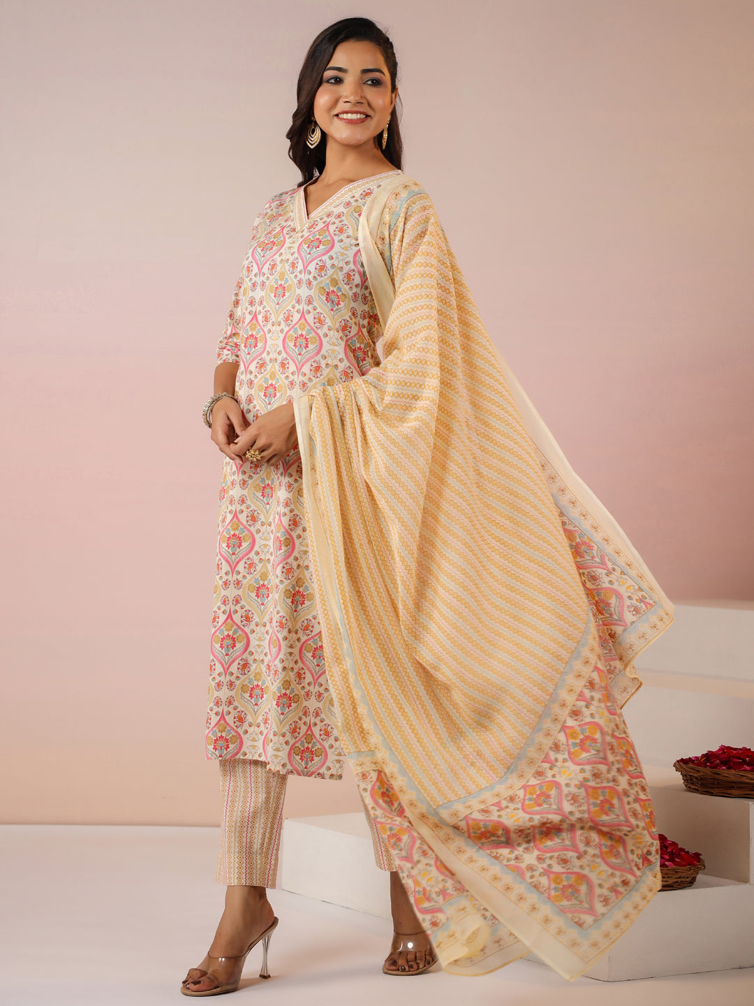 Janasya Beige Cambric Ethnic Motifs Kurta,Bottom & Dupatta | Grocsy