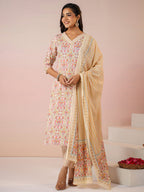 Janasya Beige Cambric Ethnic Motifs Kurta,Bottom & Dupatta | Grocsy