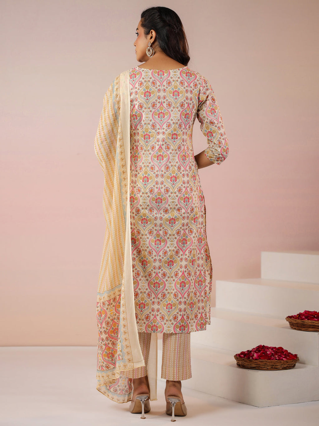 Janasya Beige Cambric Ethnic Motifs Kurta,Bottom & Dupatta | Grocsy
