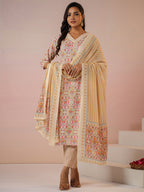 Janasya Beige Cambric Ethnic Motifs Kurta,Bottom & Dupatta | Grocsy