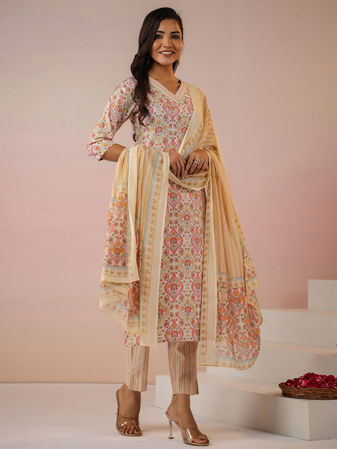 Janasya Beige Cambric Ethnic Motifs Kurta,Bottom & Dupatta | Grocsy