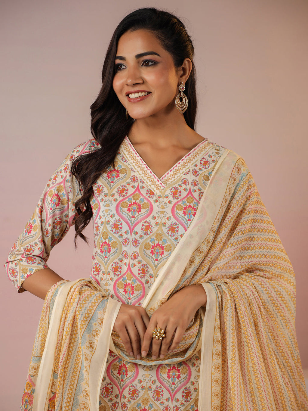 Janasya Beige Cambric Ethnic Motifs Kurta,Bottom & Dupatta | Grocsy