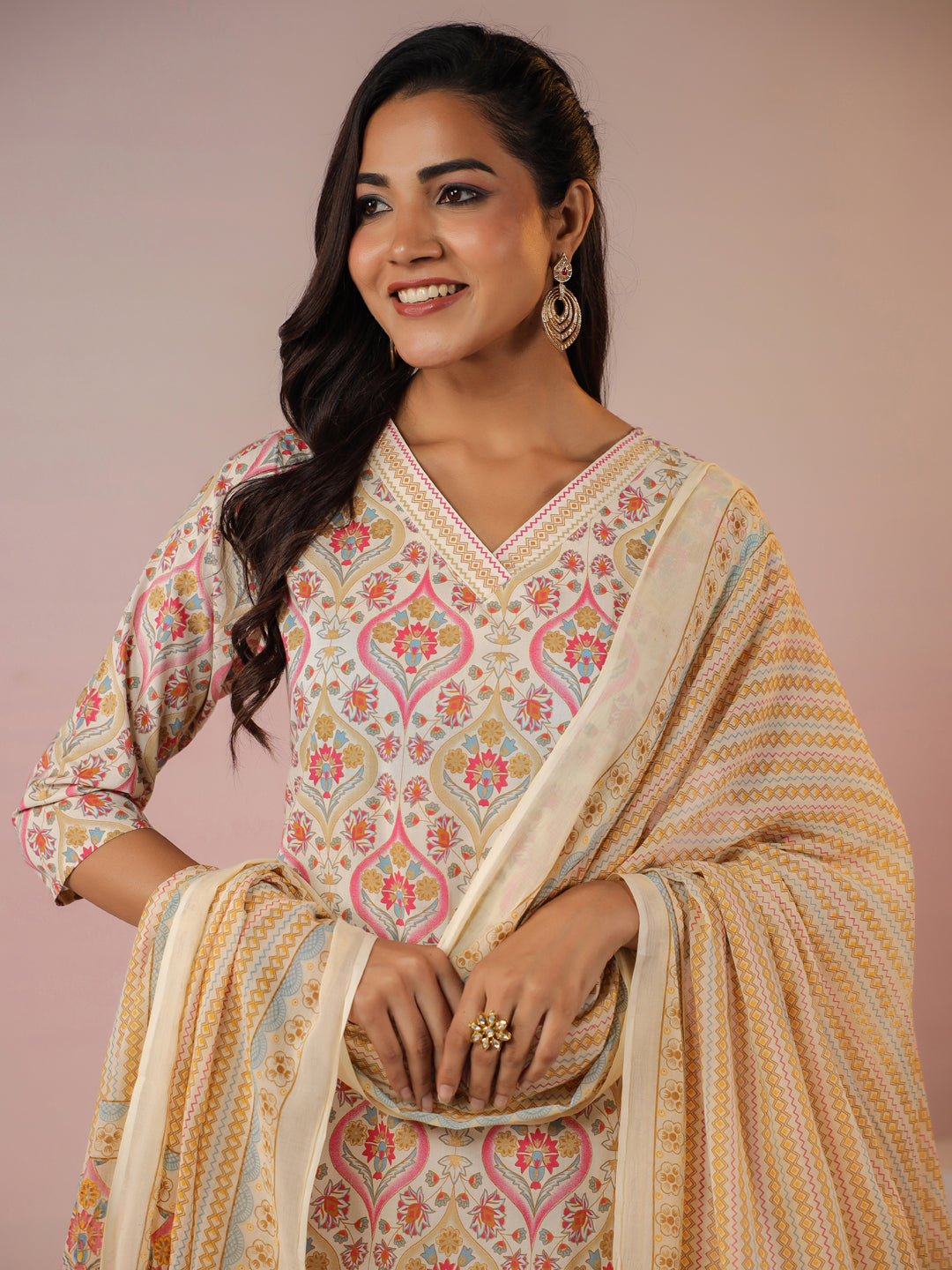 Janasya Beige Cambric Ethnic Motifs Kurta,Bottom & Dupatta | Grocsy