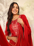 Janasya Dark Chanderi Embroidered Straight Kurta Set | Grocsy